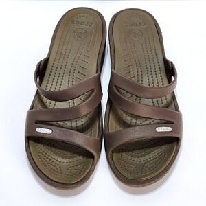Crocs Patricia Wedge Sandals Womens 9 Brown Slip On Strappy Comfort Slides